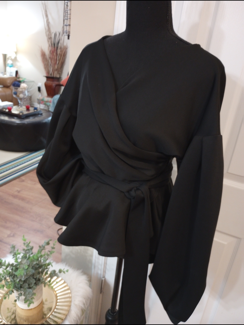 Black Wrap Peplum Top with Wide Bell Sleeves